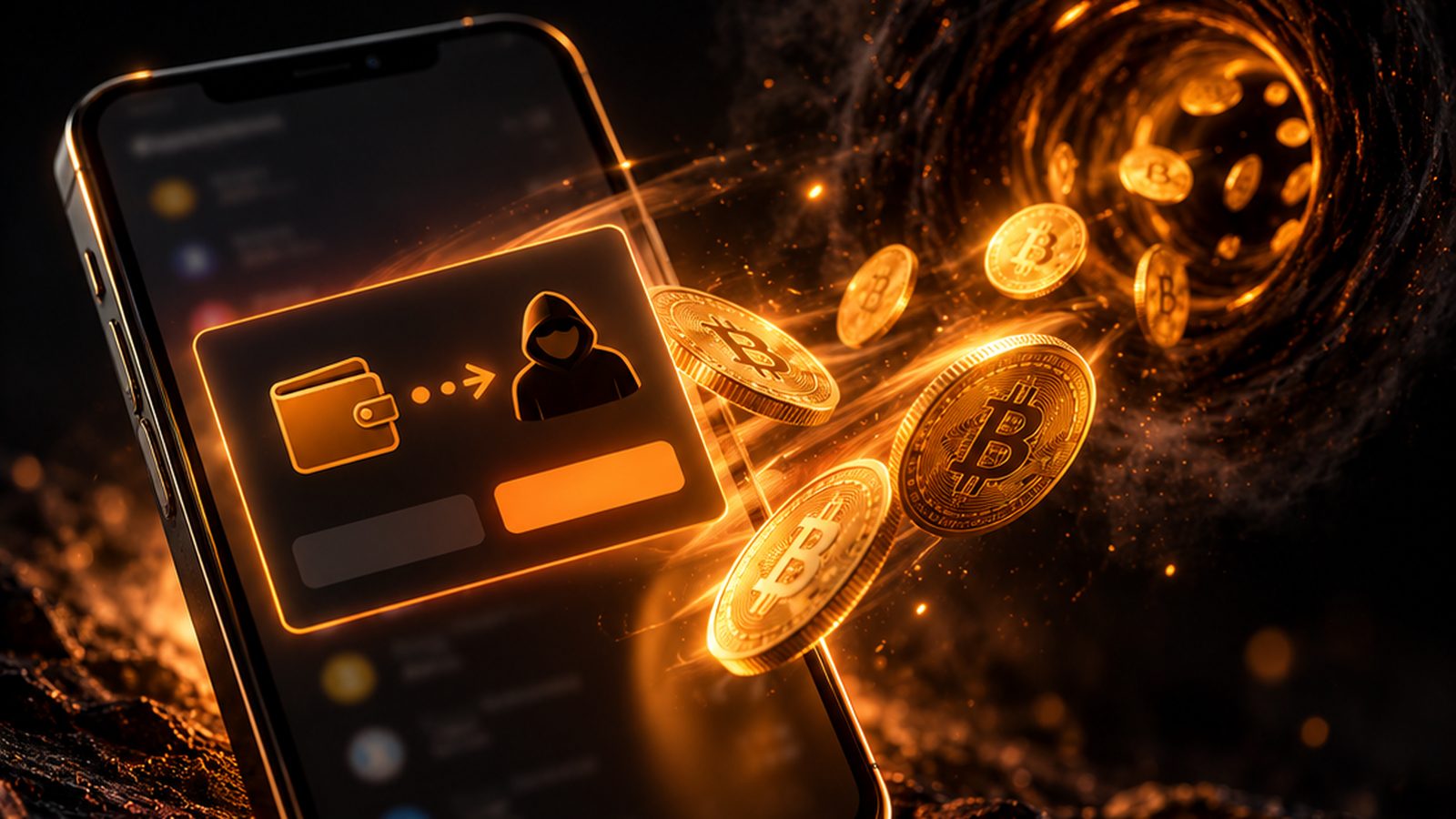 Celular com janela falsa de conexão de carteira cripto e moedas sendo puxadas