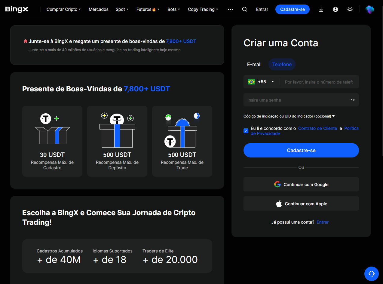 Tela de cadastro da BingX — Criar conta com email/senha, banner de boas-vindas 7800+ USDT