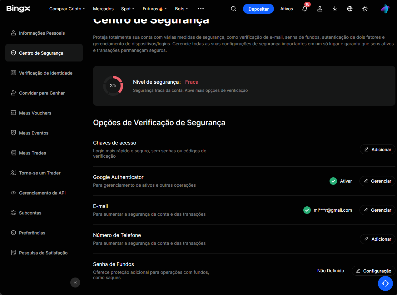 Centro de Segurança da BingX com lista de opções: Chaves de acesso, Google Authenticator, E-mail, Número de Telefone, Senha de Fundos