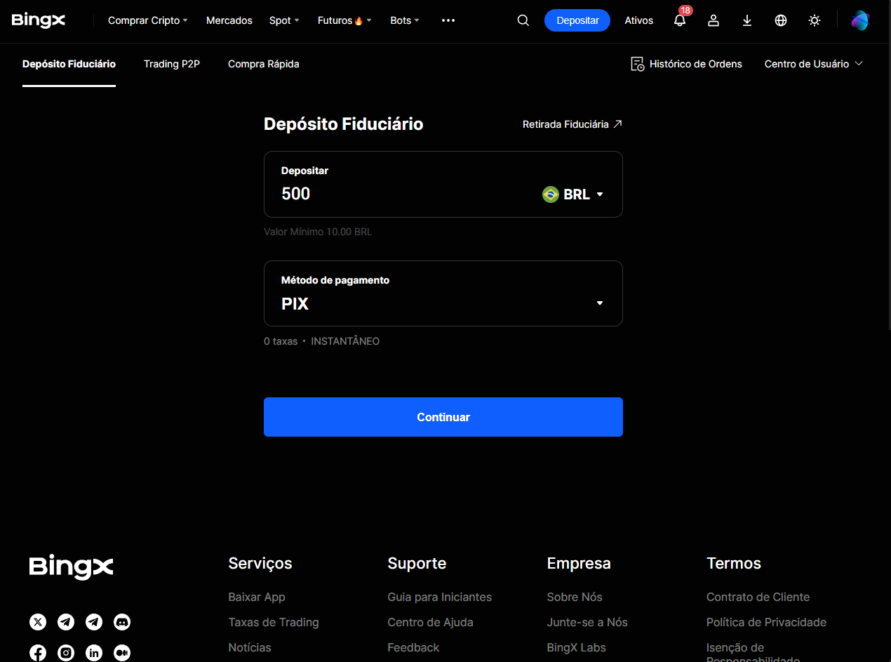 Tela de Depósito Fiduciário da BingX com método PIX selecionado, depósito em BRL, 0 taxas e instantâneo