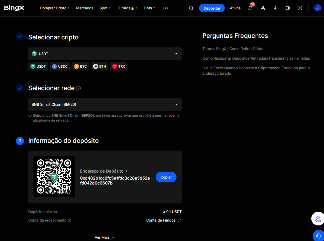 Tela completa de depósito da BingX: Selecionar cripto (USDT), Selecionar rede (BEP20), e Informação do depósito com QR Code e endereço