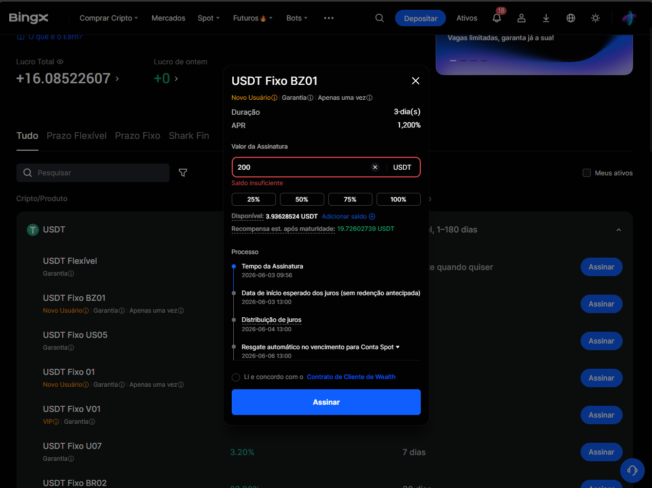 Modal de assinatura do USDT Fixo BZ01 na BingX mostrando Duração 3 dias, APR 1200%, Recompensa estimada após maturidade 19,72 USDT, timeline de assinatura e resgate automático