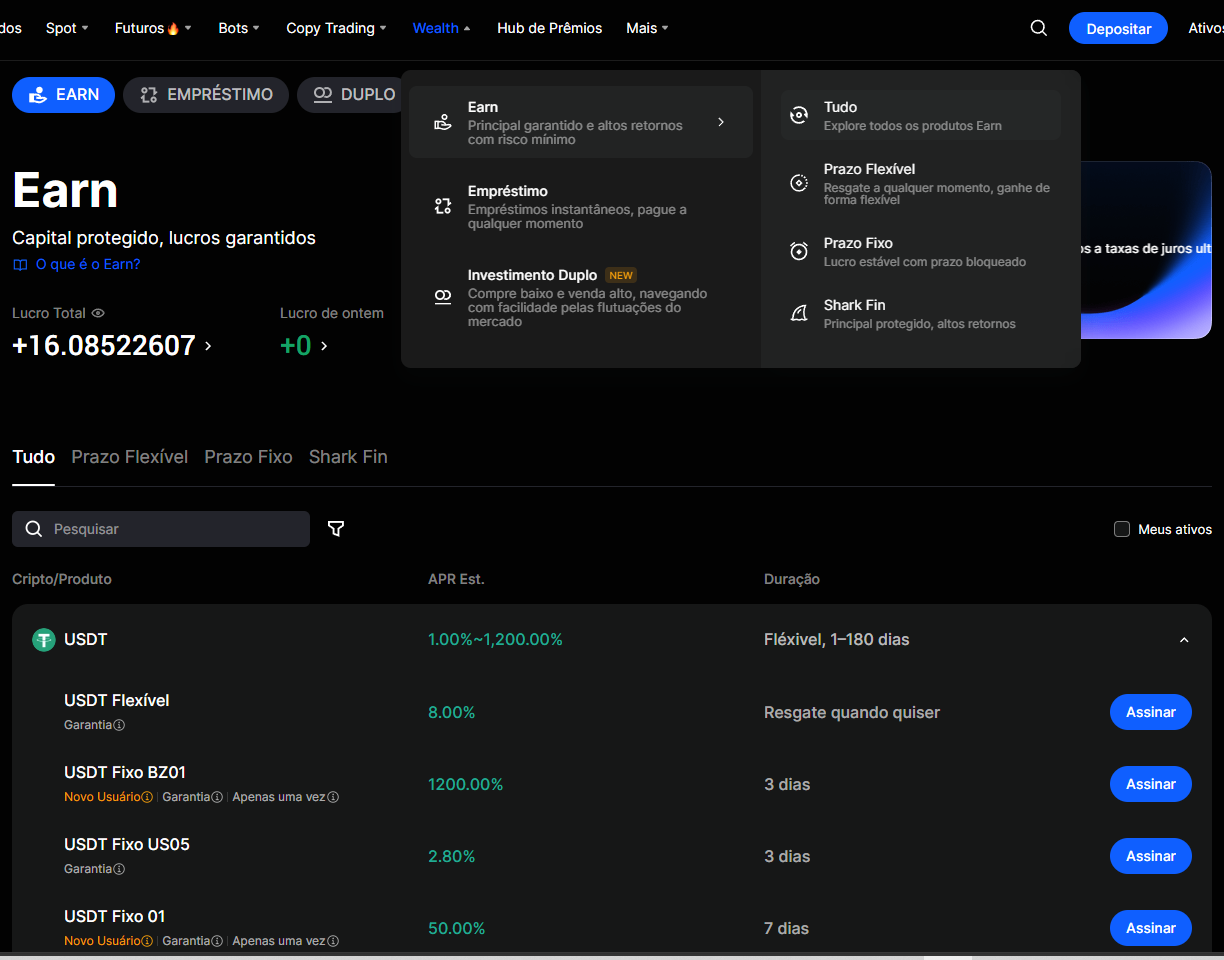 Menu Wealth da BingX aberto com Earn destacado, dashboard com Lucro Total e lista de produtos Prazo Fixo