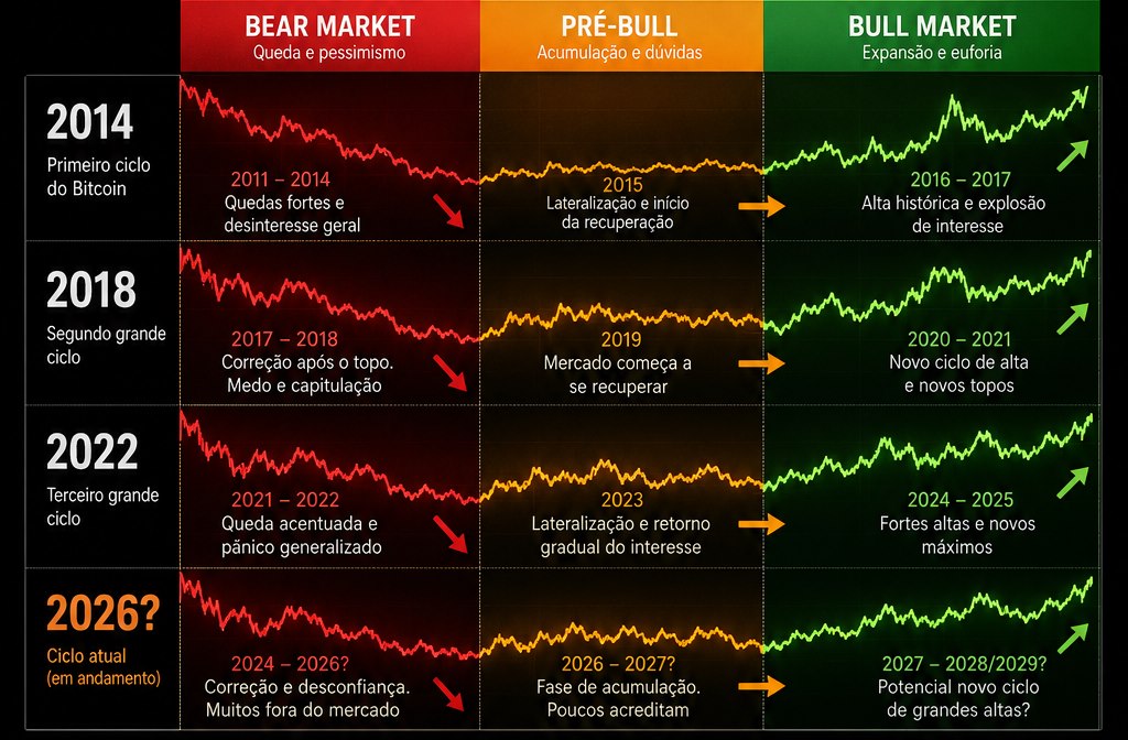 Comparação dos ciclos do bitcoin: 2014, 2018, 2022 e 2026 nas fases bear market, pré-bull e bull market