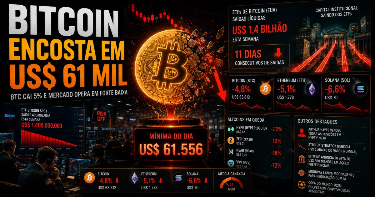 Bitcoin cai 5% e encosta em US$ 61 mil enquanto ETFs ampliam saídas bilionárias