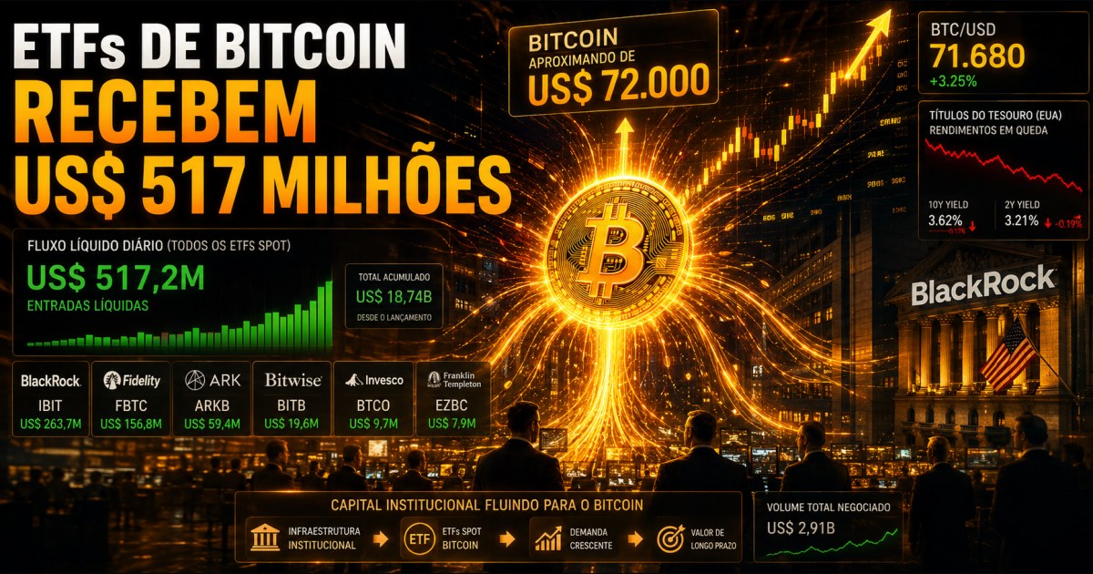 Bitcoin: ETFs recebem US$ 517 milhões, maior entrada diária desde maio, enquanto BTC se aproxima de US$ 72 mil