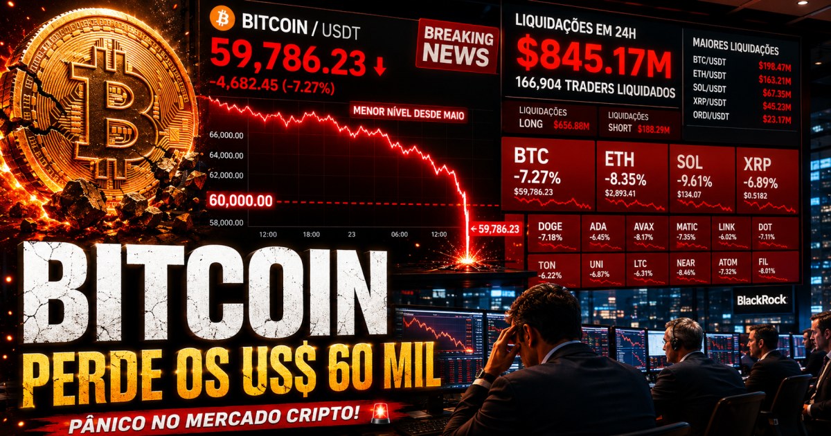 Bitcoin perde US$ 60 mil e provoca US$ 845 milhões em liquidações no mercado cripto