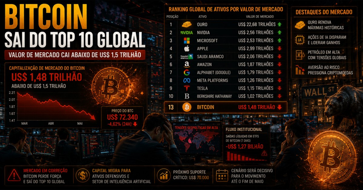 Bitcoin sai do top 10 global de ativos após valor de mercado cair abaixo de US$ 1,5 trilhão