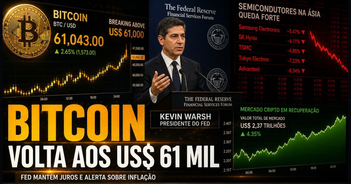 Bitcoin sobe 4% e retoma US$ 61 mil após fala do Fed; queda de ações de IA também ajuda o BTC