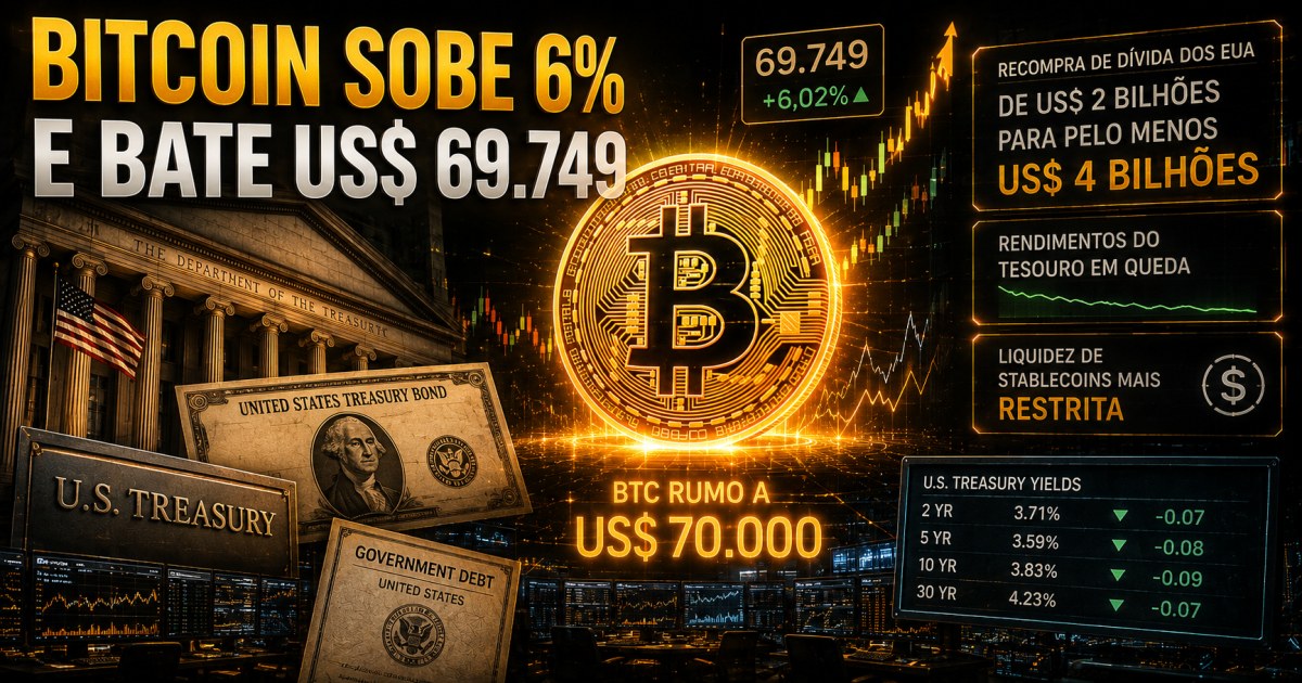 Bitcoin sobe 6% e bate US$ 69.749 após Tesouro dos EUA dobrar recompra de dívida