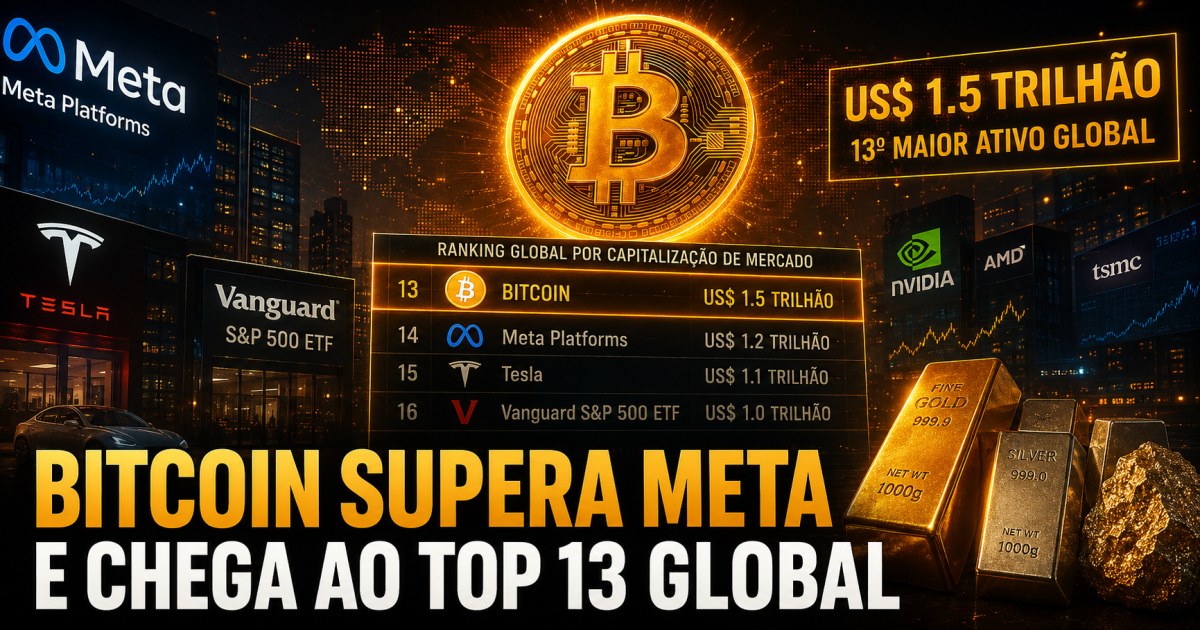 Bitcoin supera Meta e volta ao top 13 global com valor de mercado de US$ 1,5 trilhão