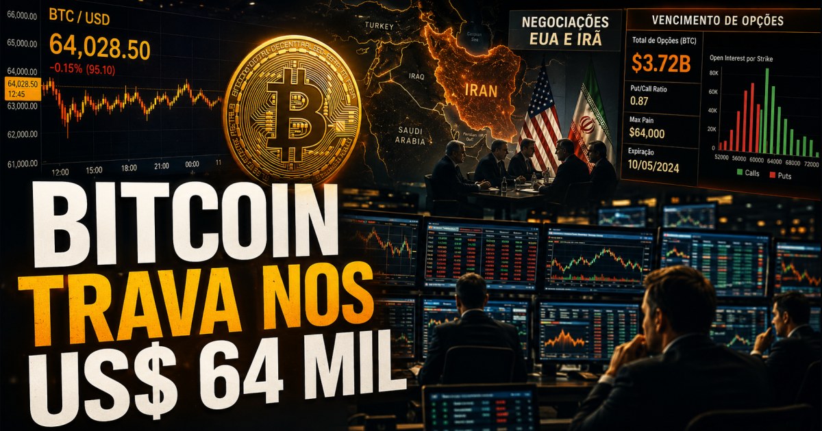 Bitcoin trava nos US$ 64 mil com foco em acordo EUA-Irã e vencimento bilionário de opções