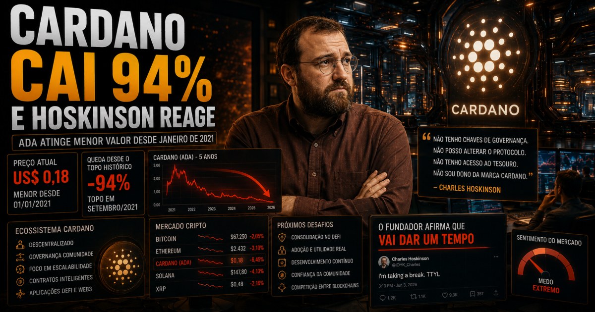 Cardano cai 94% do topo histórico e Hoskinson anuncia pausa após novas críticas
