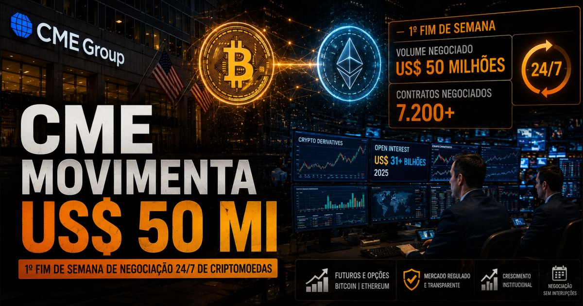 CME movimenta US$ 50 milhões no primeiro fim de semana de negociação cripto 24 horas