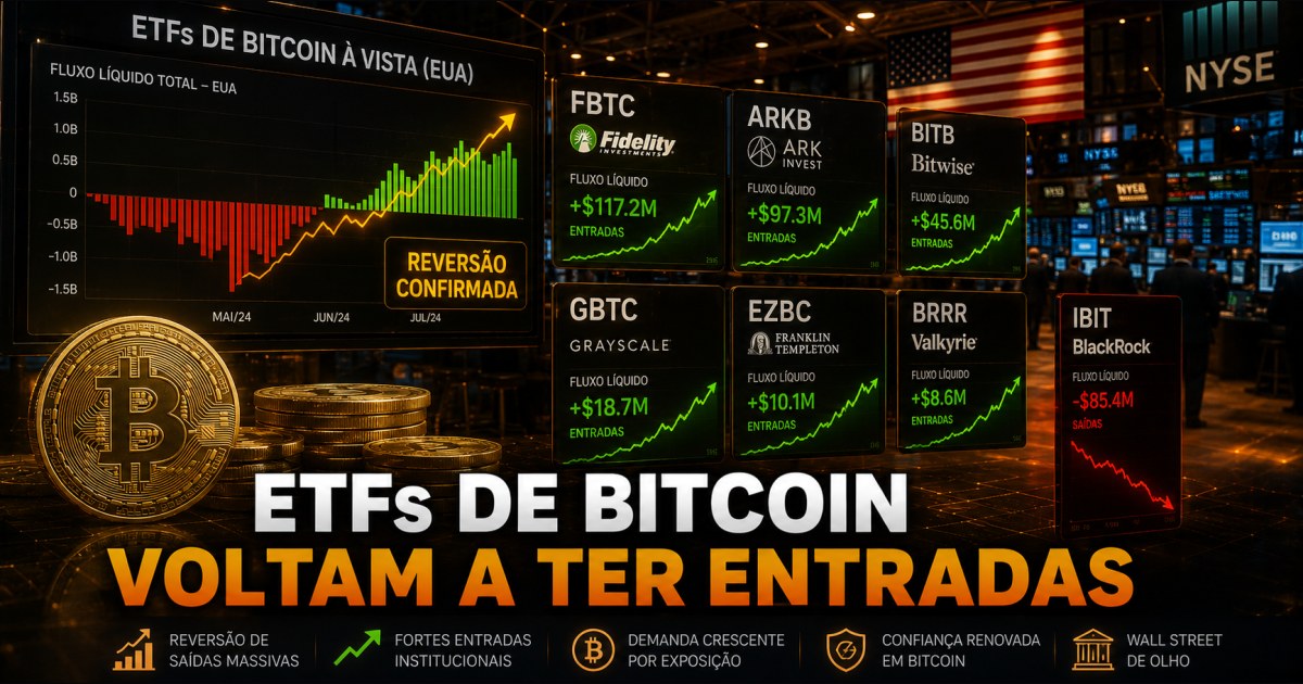 ETFs de Bitcoin voltam a captar US$ 221,7 mi após 10 dias; IBIT ainda sangra e freia alívio no BTC