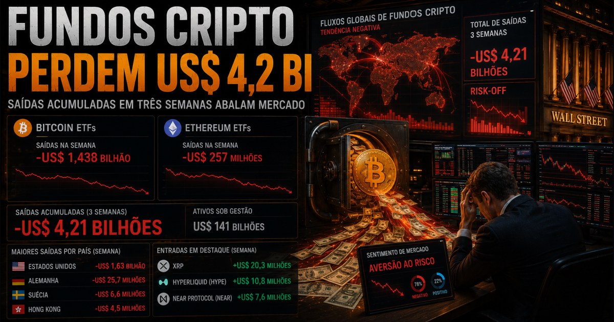 Fundos cripto perdem US$ 4,2 bilhões em três semanas e sinalizam cautela institucional