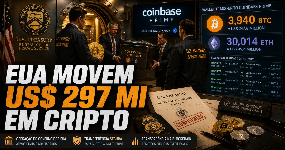 Governo dos EUA move US$ 297 milhões em BTC e ETH para Coinbase Prime e gera dúvidas sobre reserva