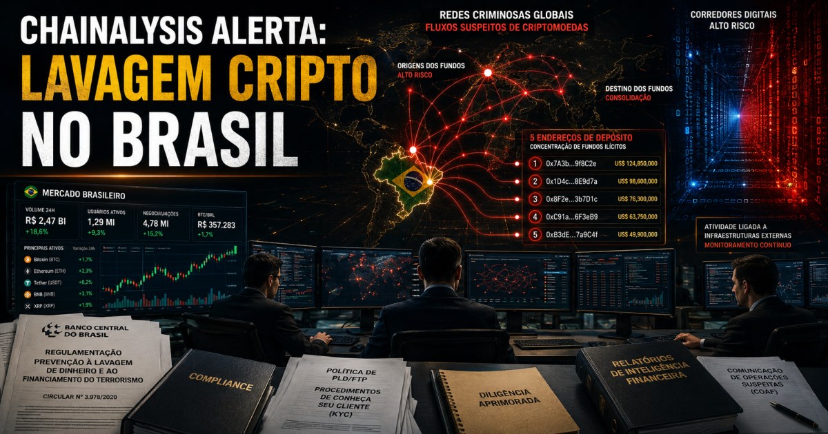 Lavagem cripto no Brasil: Chainalysis aponta risco concentrado em 5 endereços