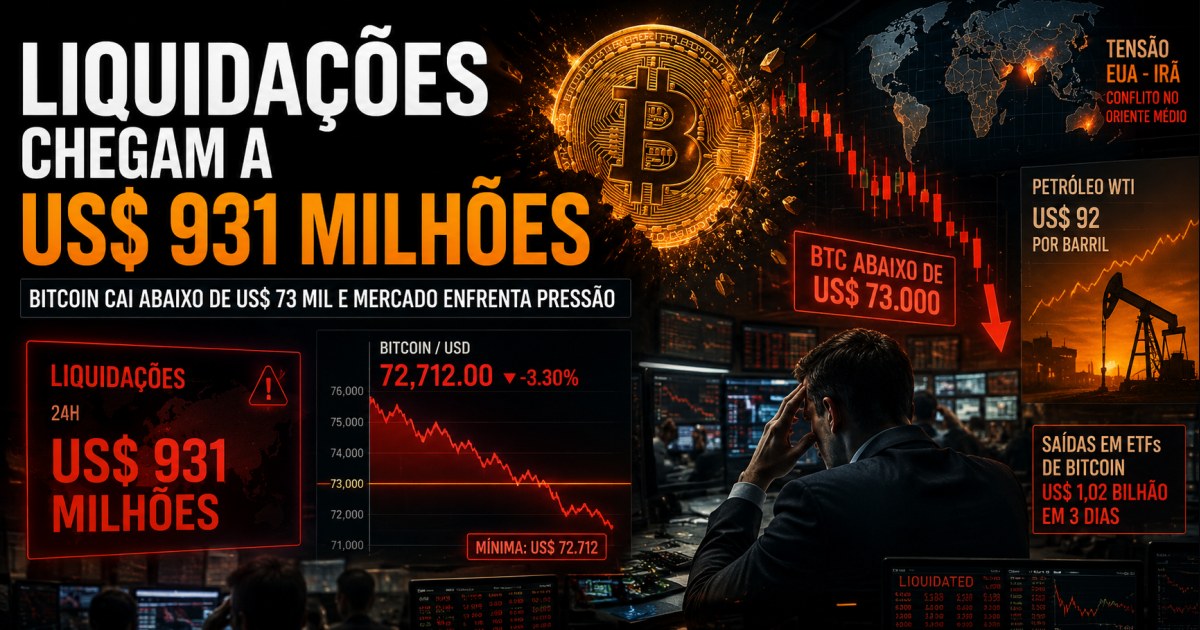 Liquidações chegam a US$ 931 milhões após Bitcoin perder US$ 73 mil