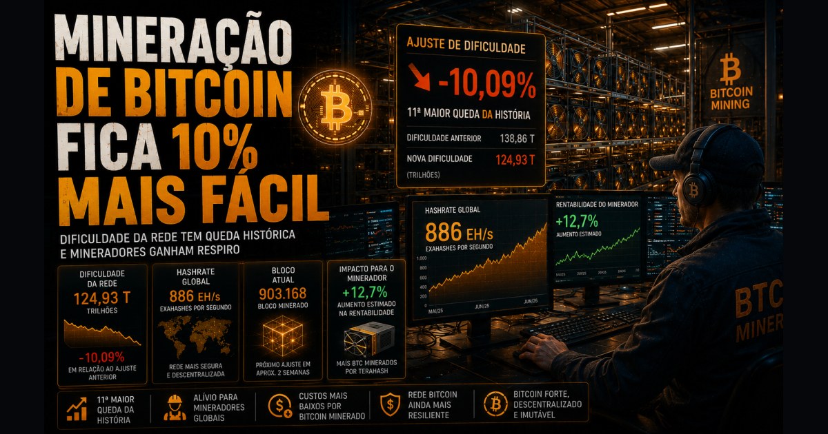 Mineração de Bitcoin fica 10% mais fácil após uma das maiores quedas de dificuldade da história