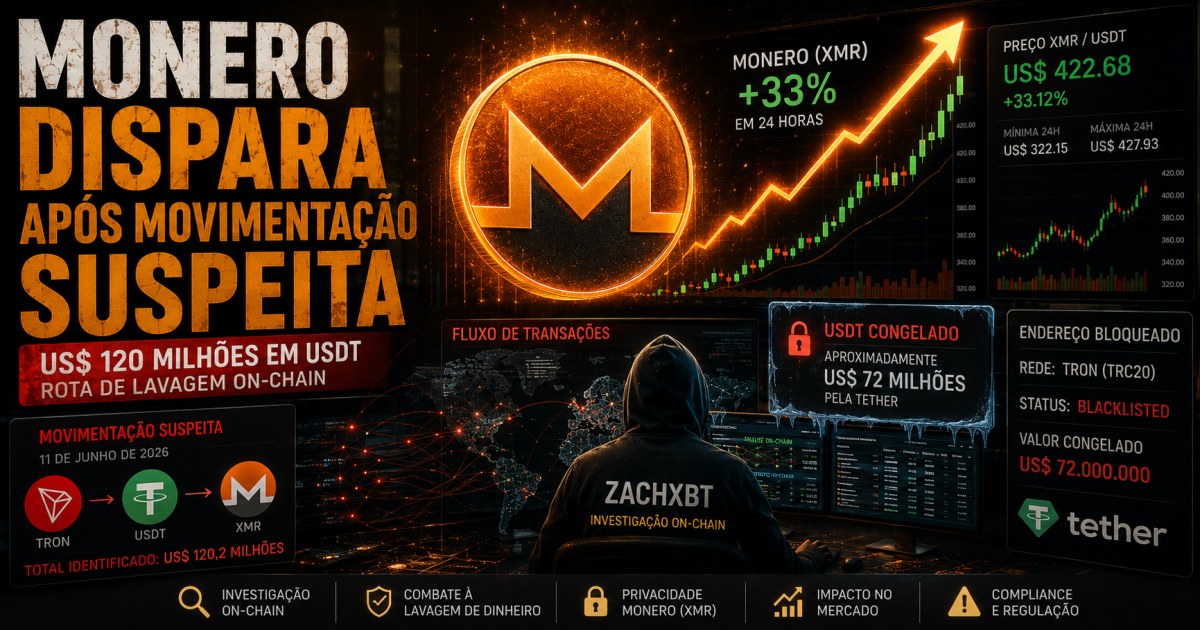 Monero dispara 33% após movimentação suspeita de US$ 120 milhões levantar alerta de lavagem on-chain