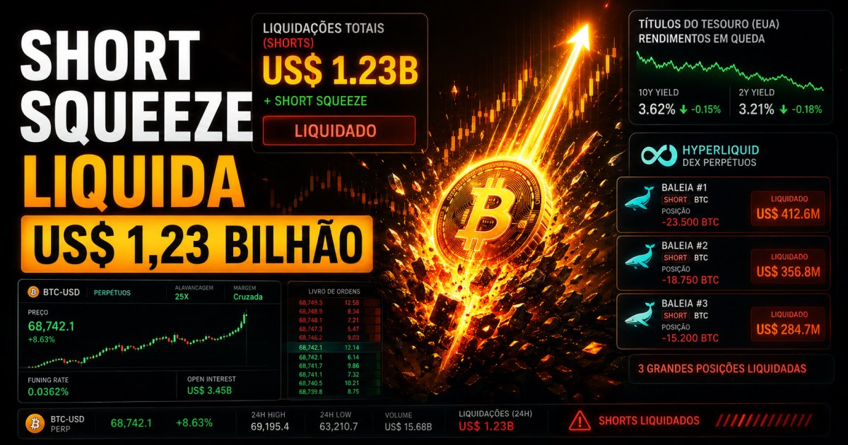 Short squeeze liquida US$ 1,23 bilhão em 1 hora e derruba 3 baleias no Bitcoin