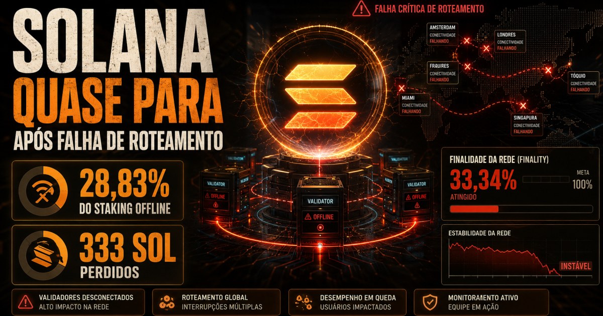 Solana quase para após falha de roteamento que tira 28,83% do staking do ar
