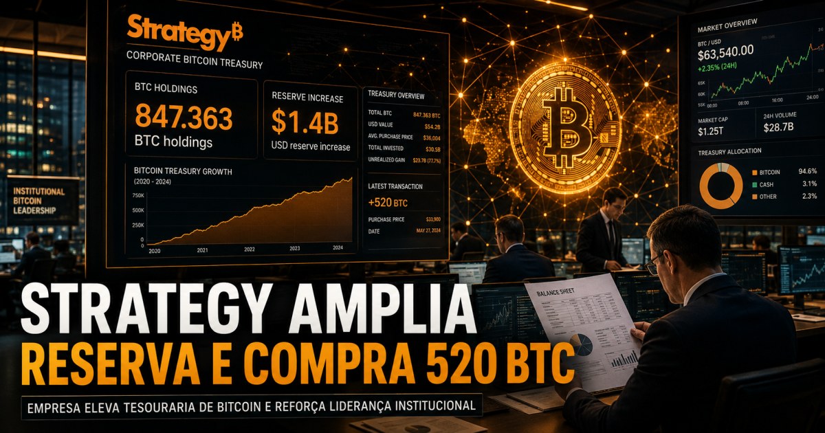 Strategy amplia reserva em US$ 300M e compra 520 BTC com foco em tesouraria