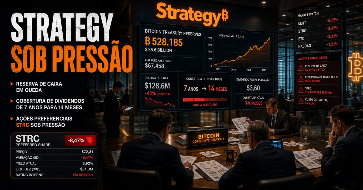 Strategy vê cobertura de dividendos cair para 14 meses e CryptoQuant sugere pausa nas compras de Bitcoin