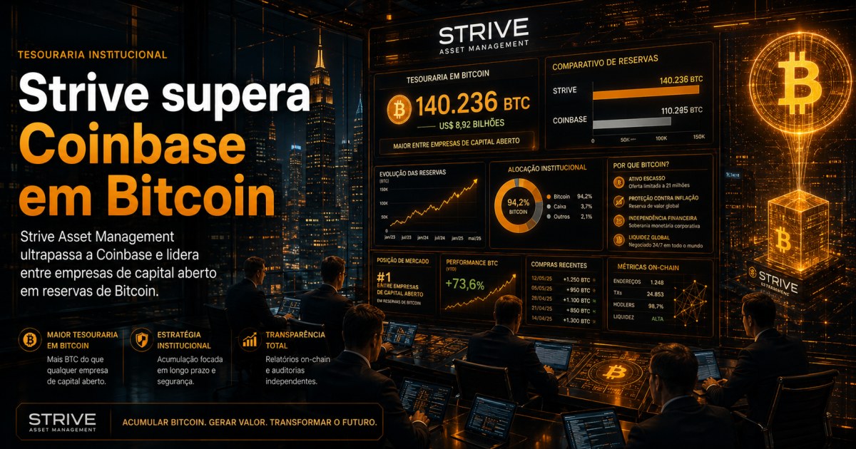 Strive compra 1.109 BTC e supera Coinbase em bitcoins mantidos em caixa