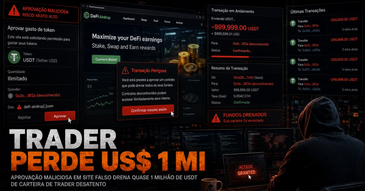 Trader perde US$ 1 milhão em USDT após assinar aprovação falsa na Ethereum e expõe risco de phishing em DeFi